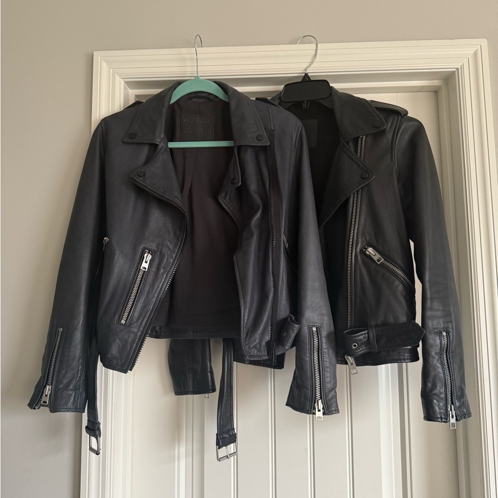 AllSaints Wyatt Biker Leather Jacket in Ink Blue - Picture 10 of 12
